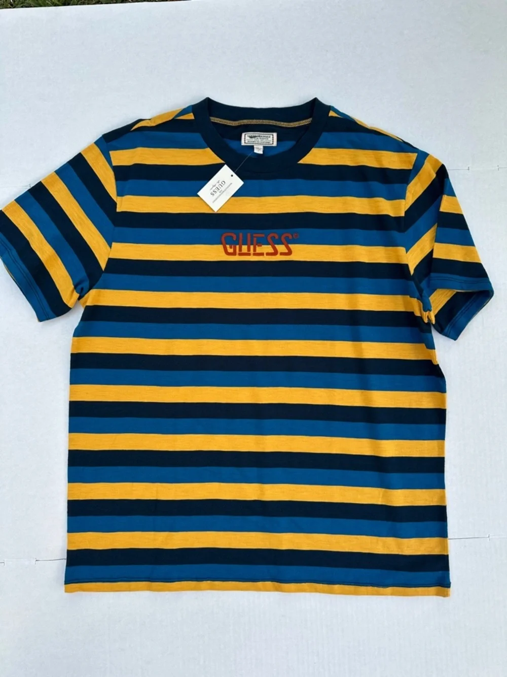 New GUESS Men's Navy, Blue & Yellow Bold Striped  Shirt SZ L - Picture 2 of 5